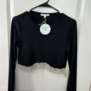 Black Long Sleeve Top with Silver Fringe